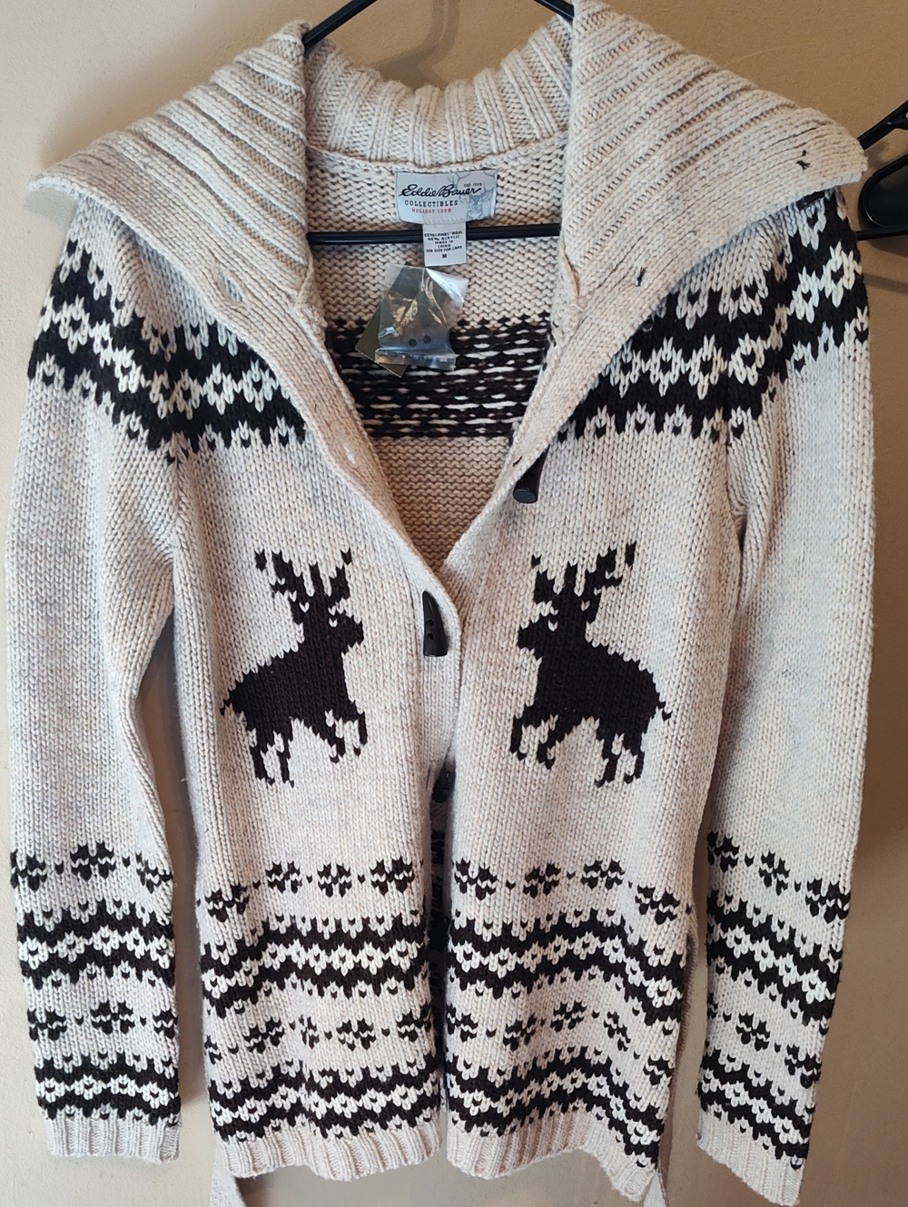 Eddie Bauer Women's Cream and Black Shawl Collar Reindeer Sweater